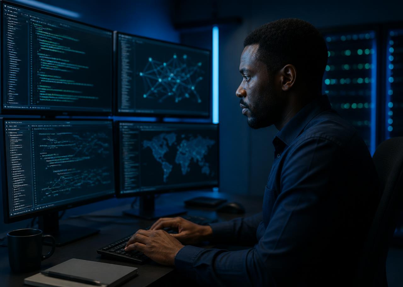 Cybersecurity analyst monitoring systems and network traffic