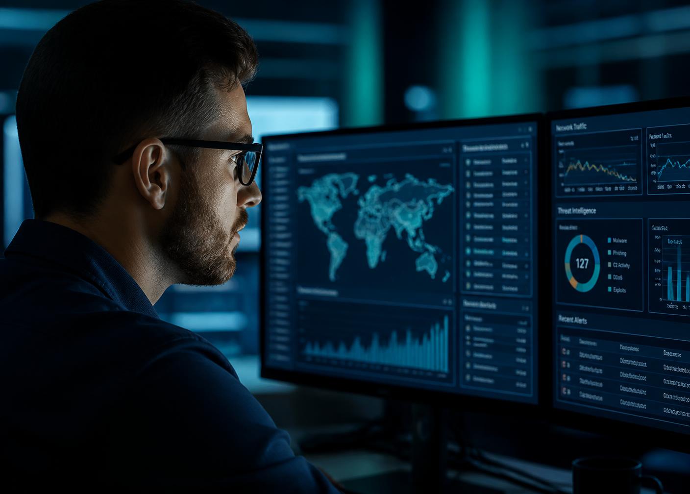Consultant reviewing security dashboards
