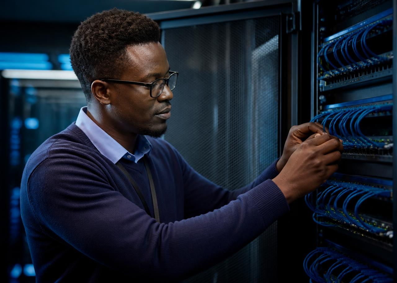 Network engineer maintaining server and infrastructure equipment